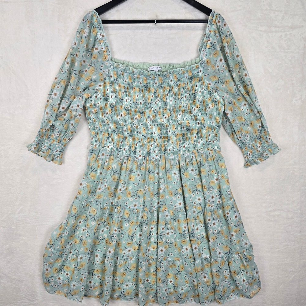 Baltic Born Sage Green Floral Smocked Tiered Mini Dress size 2XL Square Neck